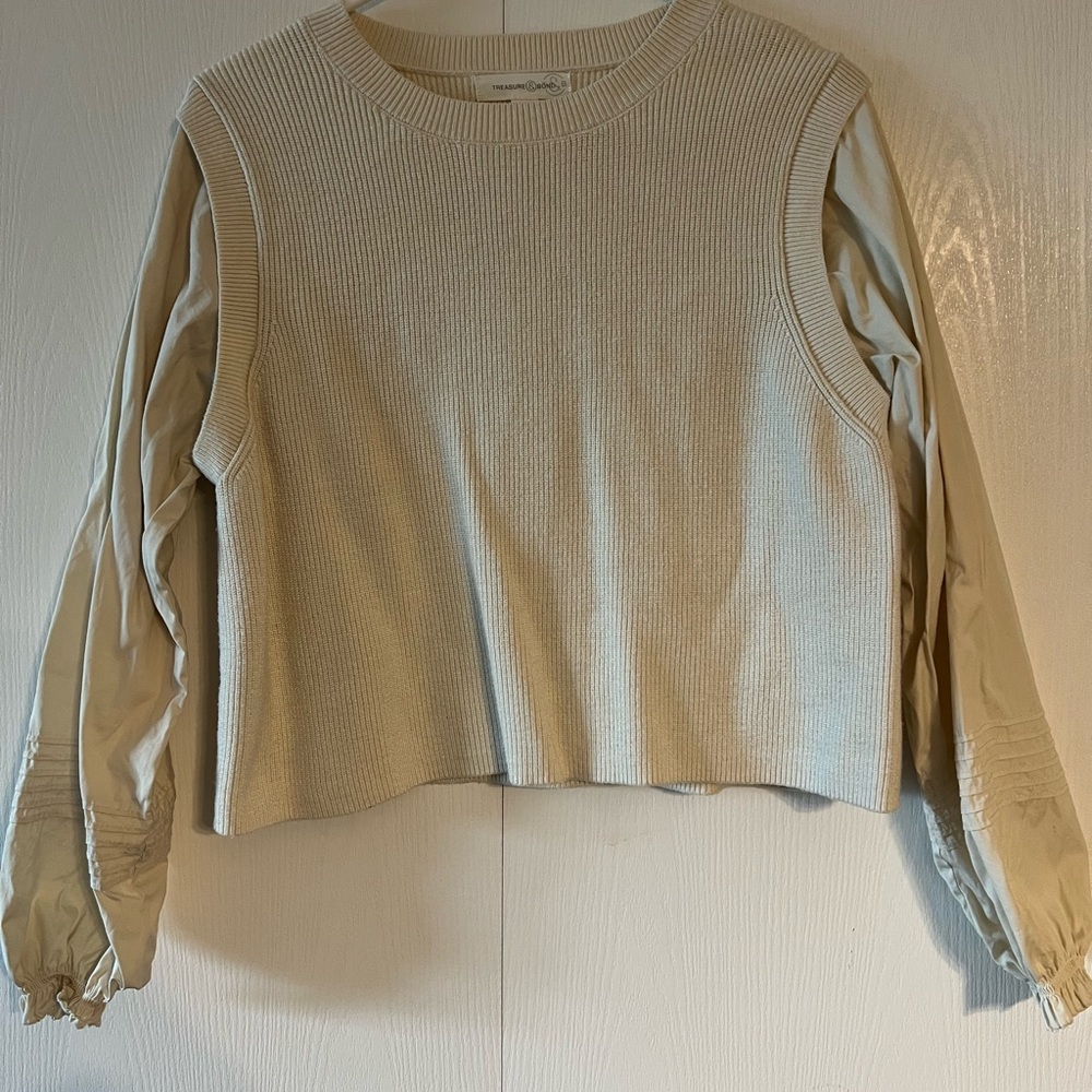 Treasure & Bond Cream Mixed-Media Layered-Sleeve Sweatshirt